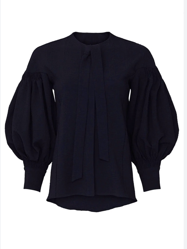 Teija 100% Silk Navy Balloon-Sleeve Tie-Neck Blouse